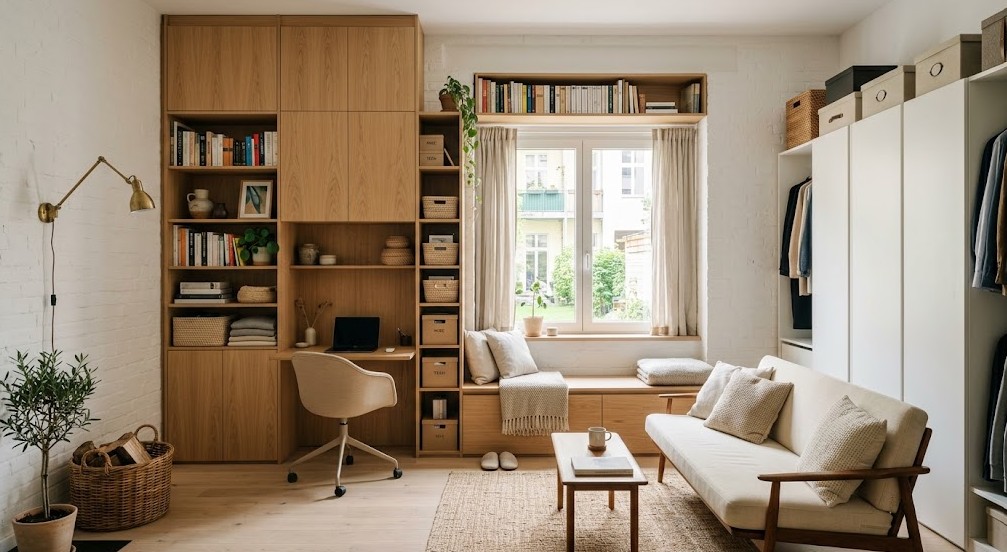 Kompaktes Schlafzimmer mit Bett, Schubladen und Einbauregalen