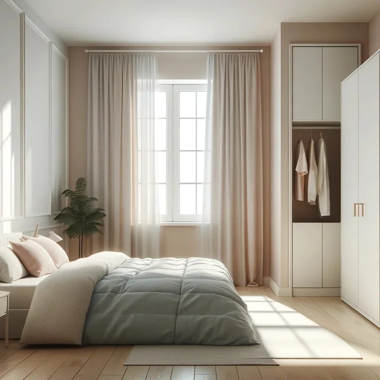 dall·e+2024 03 02+17.15.11+ +a+cozy+bedroom+that+appears+larger+due+to+the+use+of+light+pastel+colors+on+the+walls+and+bedding,+a+tall,+slim+wardrobe,+