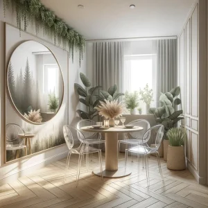 dall·e+2024 03 02+17.16.09+ +a+small+dining+area+maximized+with+a+round+table+to+improve+flow,+clear+chairs+that+create+a+sense+of+more+space,+and+a+la