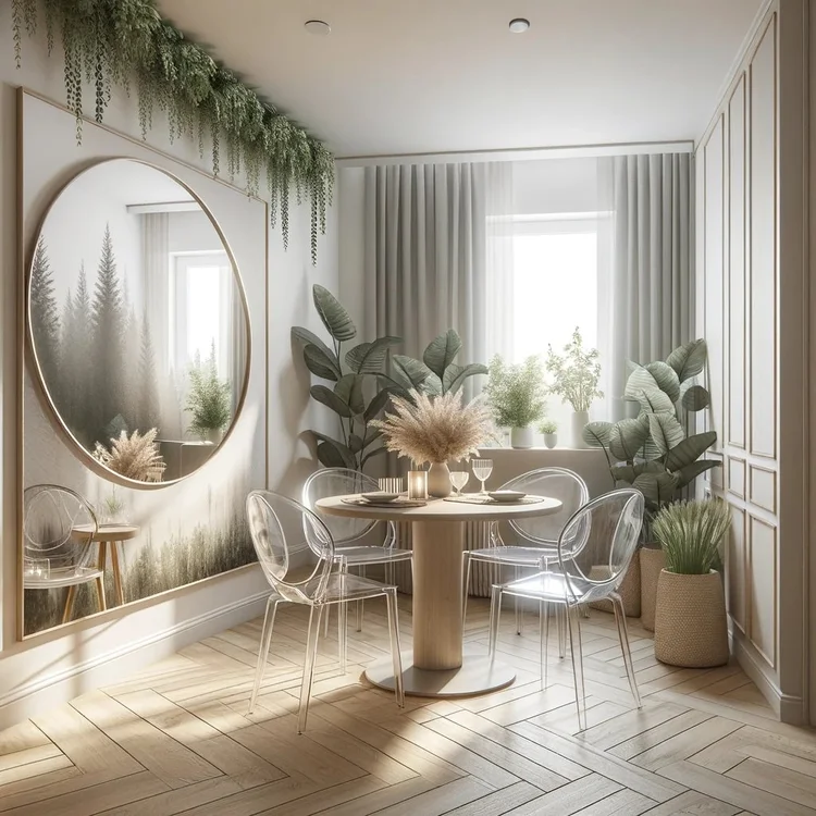 dall·e+2024 03 02+17.16.09+ +a+small+dining+area+maximized+with+a+round+table+to+improve+flow,+clear+chairs+that+create+a+sense+of+more+space,+and+a+la