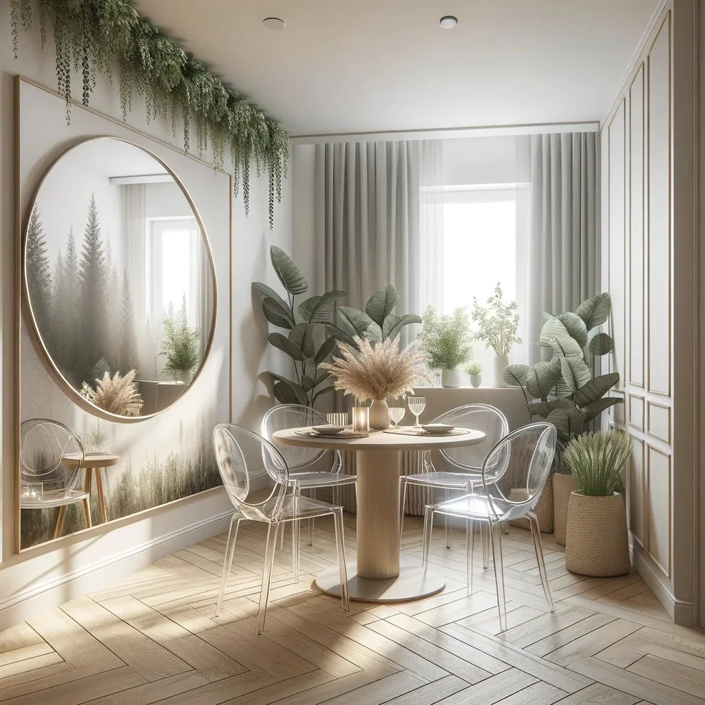 dall·e+2024 03 02+17.16.09+ +a+small+dining+area+maximized+with+a+round+table+to+improve+flow,+clear+chairs+that+create+a+sense+of+more+space,+and+a+large,+landscap