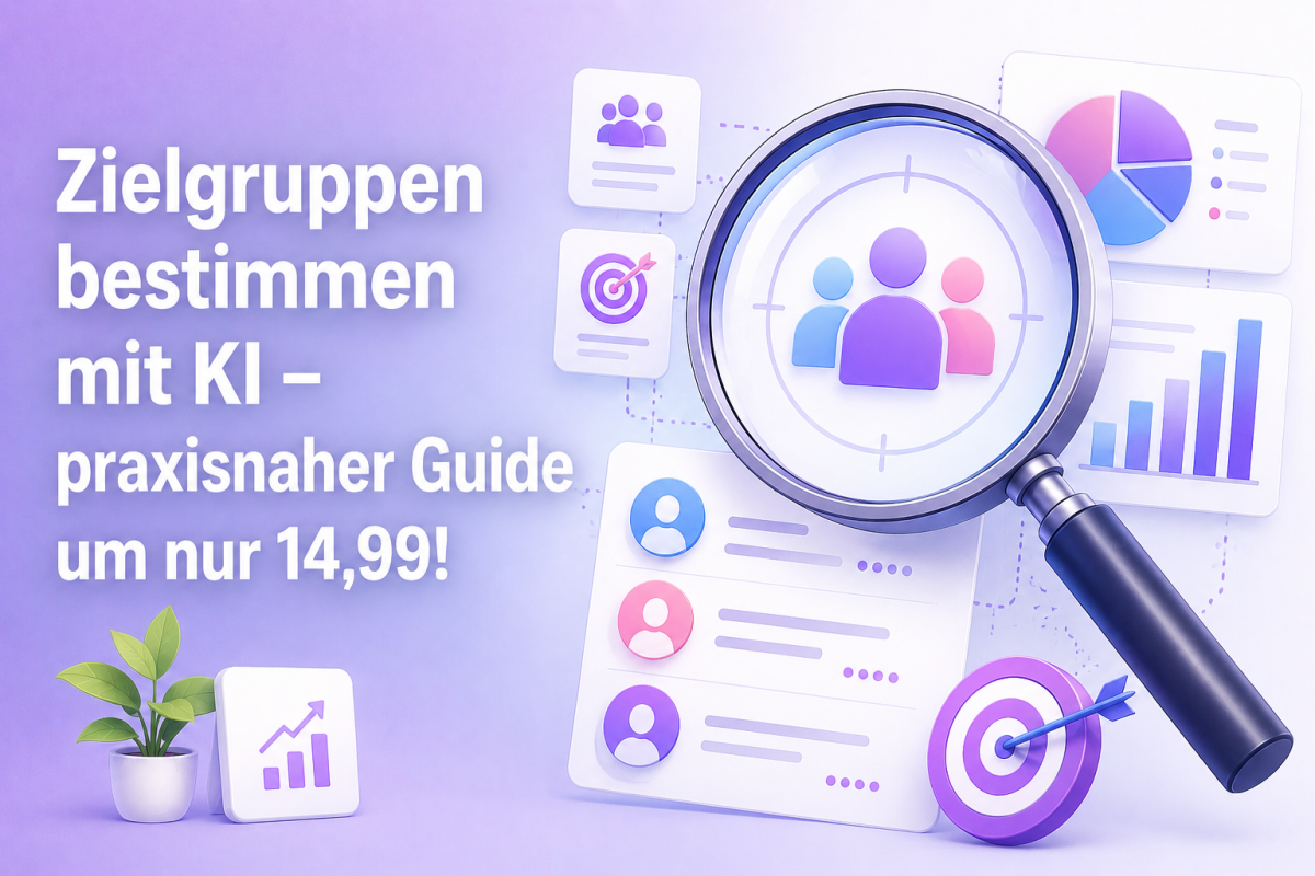 Zielgruppen bestimmen mit KI – praxisnaher Guide um nur 14,99! Illustration mit Lupe, Personensymbolen und Diagrammen.