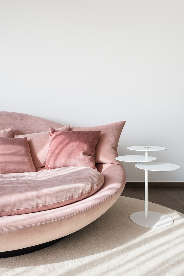 Interior Design Wien – elegantes Wohnzimmer mit rosafarbenem Sofa und modernem Beistelltisch